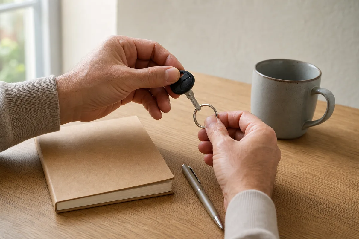 Mains posant un trousseau de clés de scooter à côté d’un carnet fermé sur une table en bois