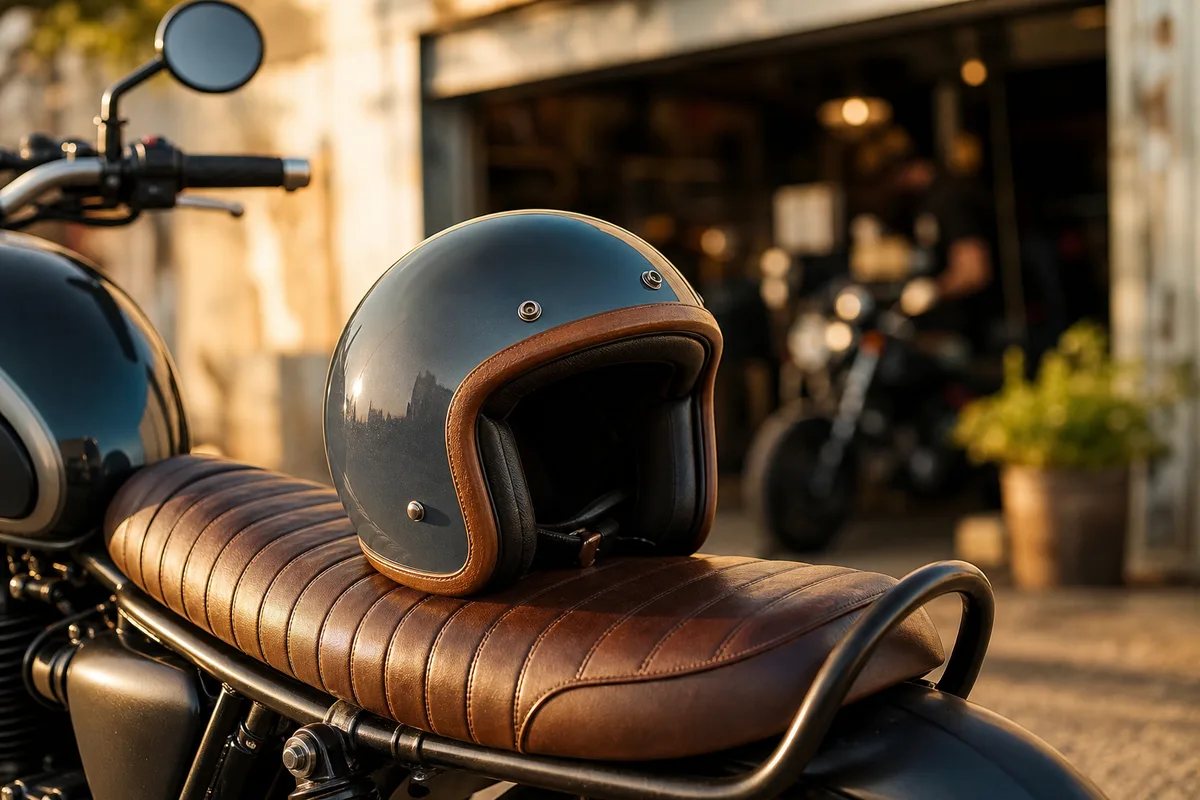 Casque de style rétro posé sur la selle en cuir d&rsquo;une moto garée en extérieur