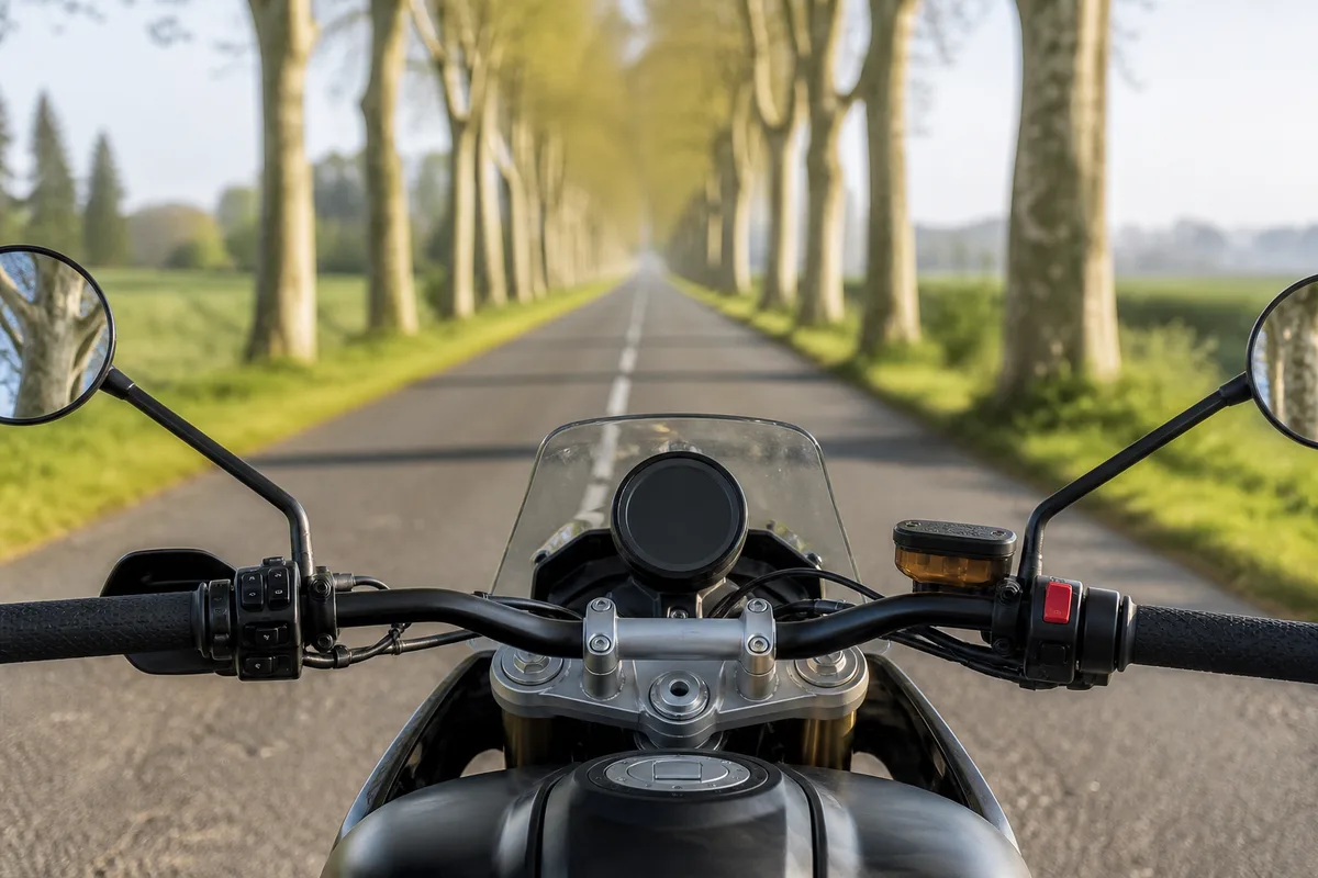 Poste de pilotage d’une moto trail, guidon large et écran rond, route de campagne en arrière-plan
