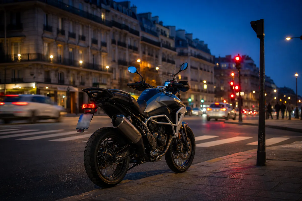 Deux-roues en attente à un feu rouge urbain, circulation en arrière-plan, fin de journée