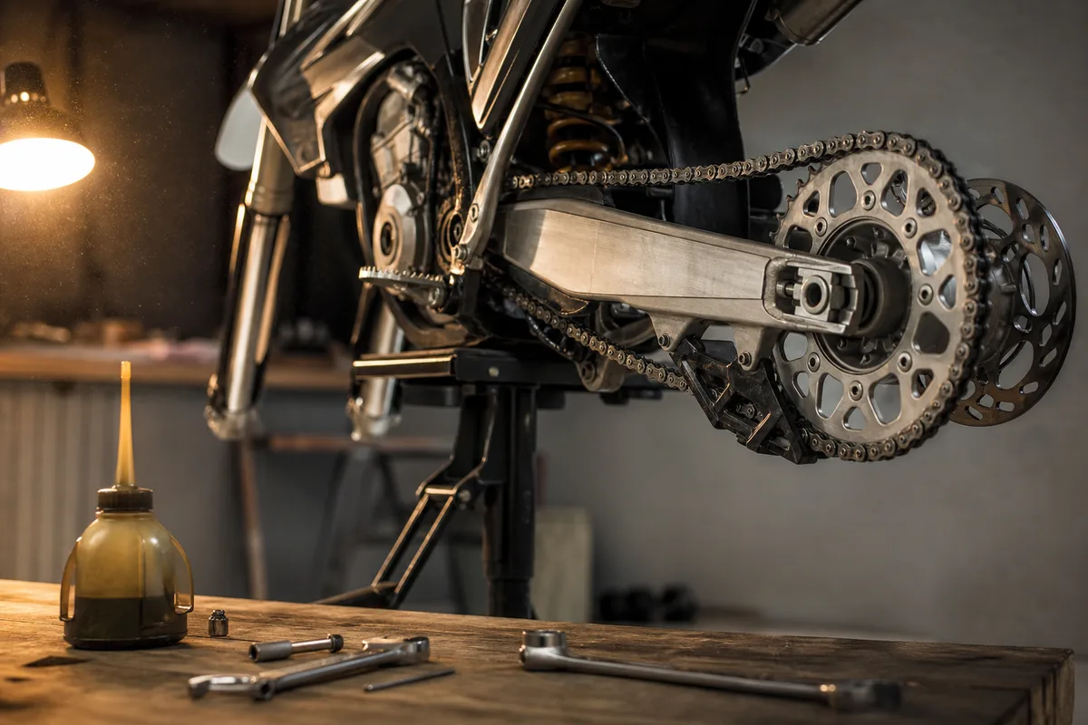 Établi de garage avec chaîne de transmission et outillage, moto sur béquille d’atelier