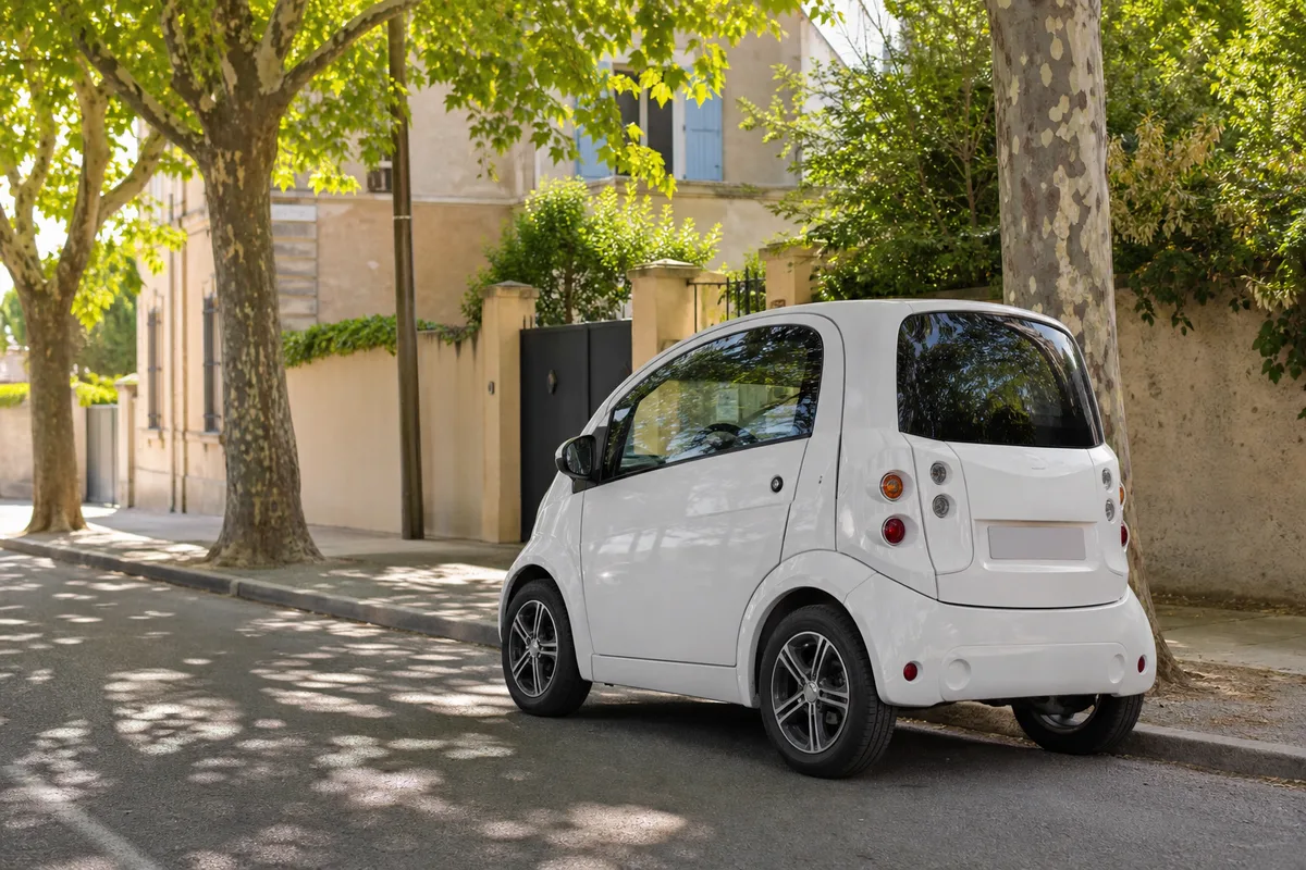 Petite voiturette blanche stationnée le long d&rsquo;un trottoir bordé de platanes dans une rue provençale