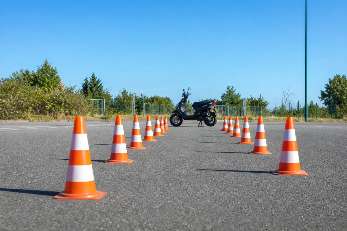 Aire d&rsquo;exercice goudronnée avec des cônes orange alignés et un scooter à l&rsquo;arrêt sous un ciel dégagé