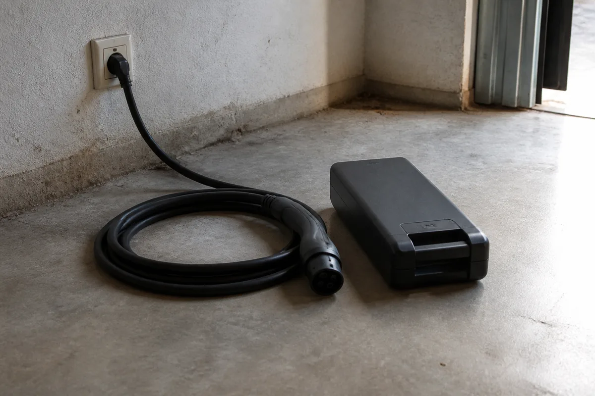 Prise domestique et câble de recharge enroulé au sol dans un garage, batterie amovible posée à côté