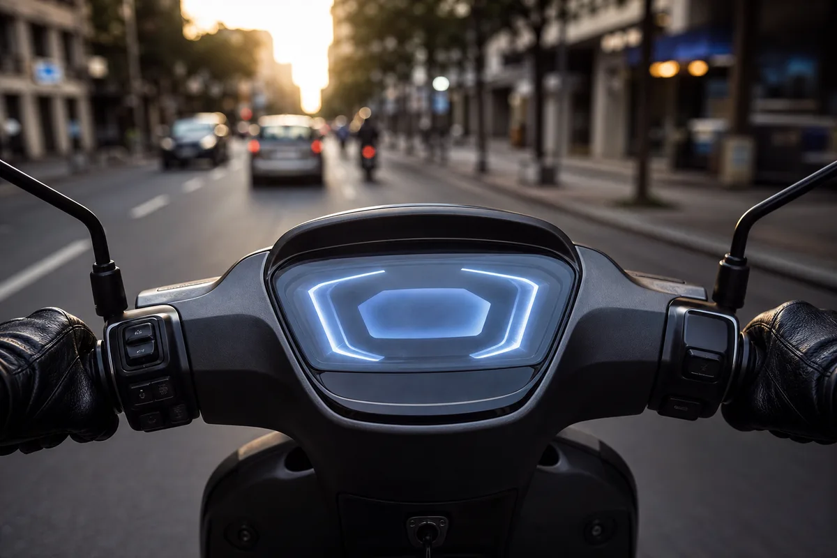 Compteur numérique de scooter électrique éclairé, indicateur de charge visible, mains gantées sur le guidon