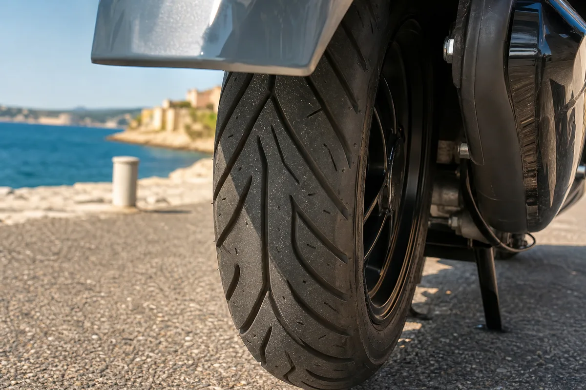Pneu arrière de scooter vu de près, sculptures de la gomme et flanc marqué