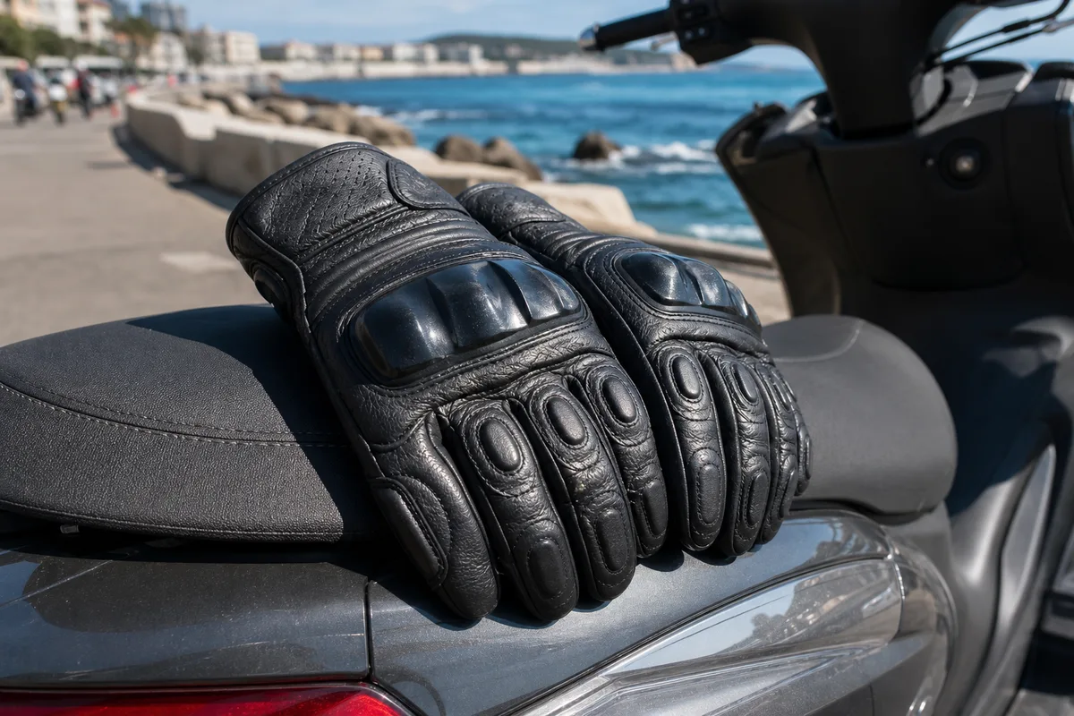 Paire de gants de moto en cuir posée sur une selle de scooter, coquille de protection visible