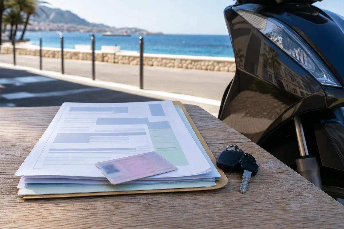 Documents administratifs et carte de permis posés sur un bureau, à côté d&rsquo;un jeu de clés