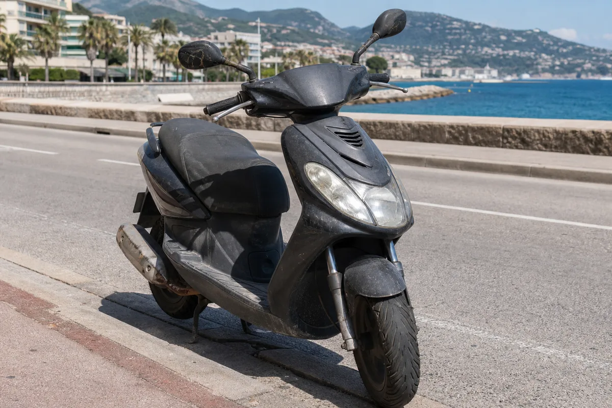 Scooter d&rsquo;occasion garé le long d&rsquo;un trottoir, carénage marqué par l&rsquo;usage et pneus fatigués