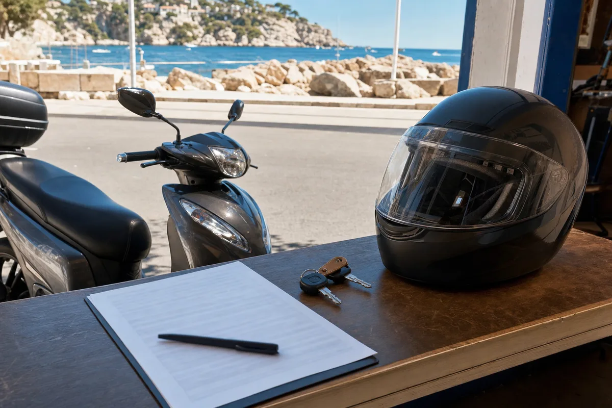 Comptoir de location avec un contrat papier, un jeu de clés et un casque intégral posé à côté