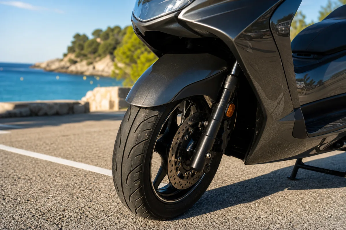 Roue avant et carénage d&rsquo;un scooter photographiés de près sur un parking, dans une lumière rasante