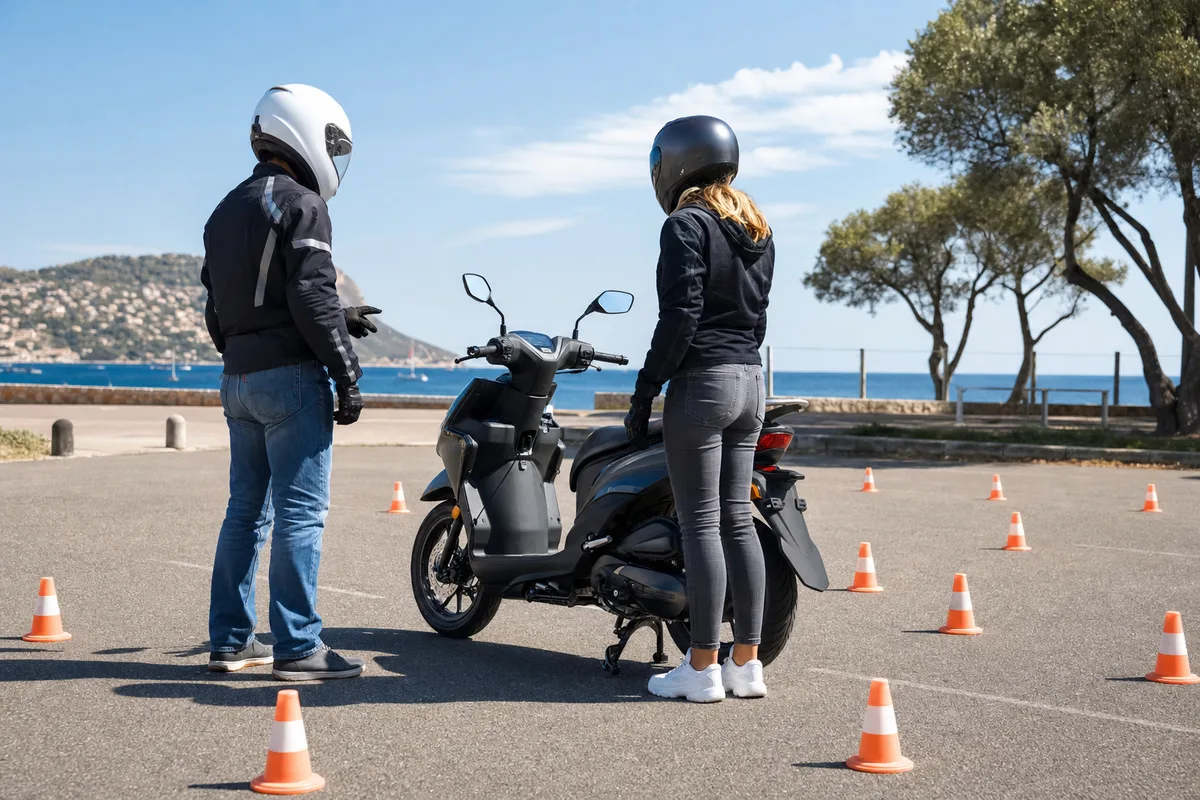 Instructeur et élève à côté d&rsquo;un scooter sur une aire d&rsquo;exercice délimitée par des cônes