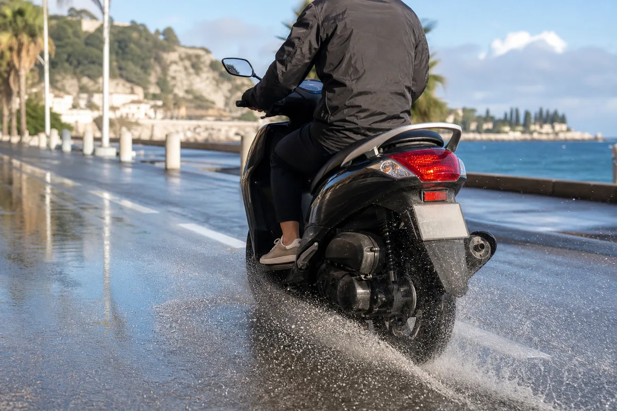 Scooter roulant sur route mouillée en ville, gerbes d&rsquo;eau sous les roues