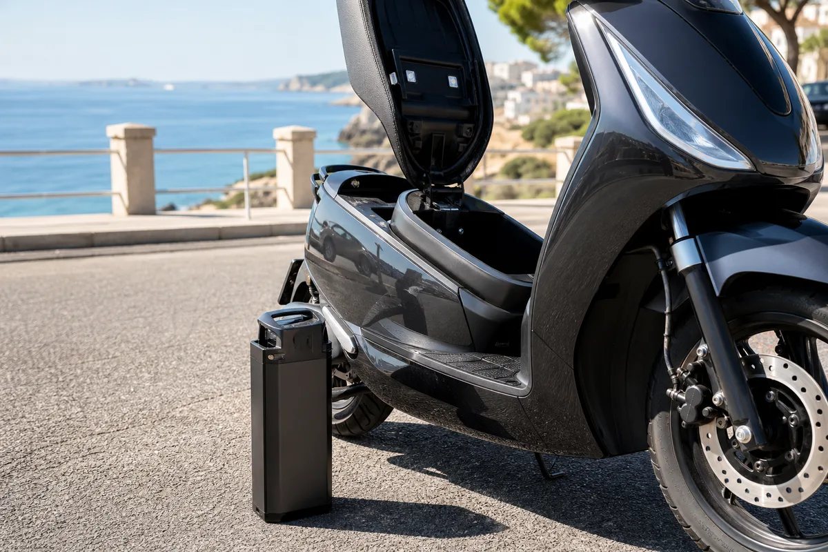 Batterie amovible de scooter électrique posée au sol à côté de la selle ouverte