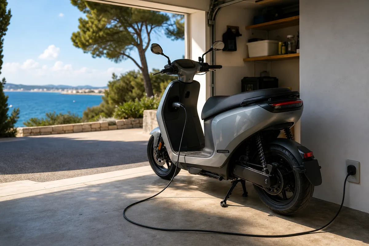 Scooter électrique branché à une prise murale dans un garage, câble de charge au sol